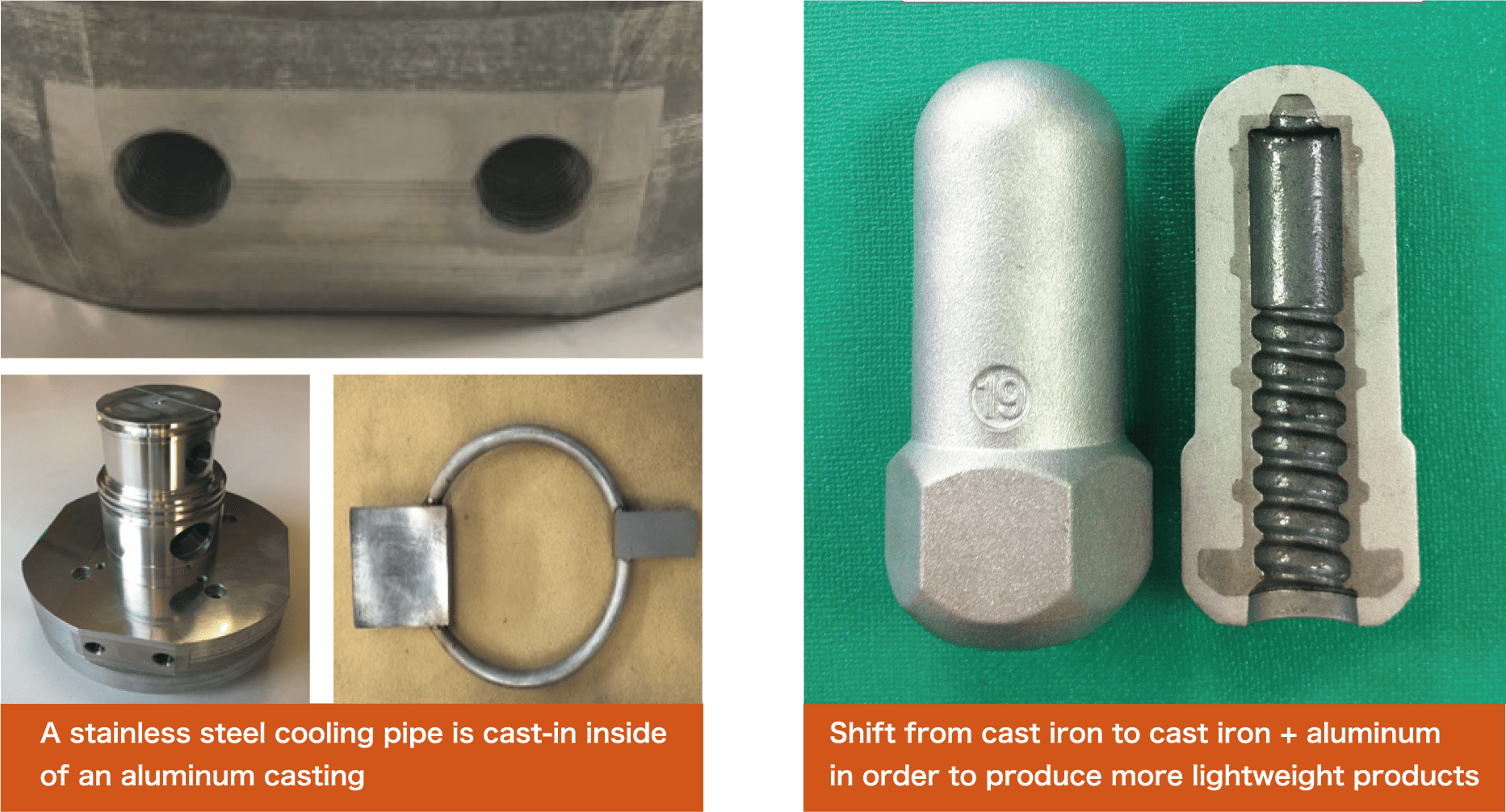 A stainless steel cooling pipe is cast-in inside of an aluminum casting